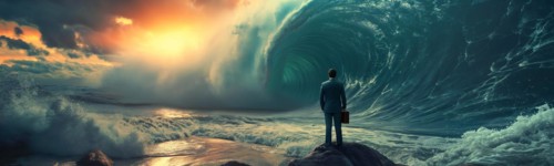 Banner of disheartened businessman standing on the shore in the midst of approaching turbulent