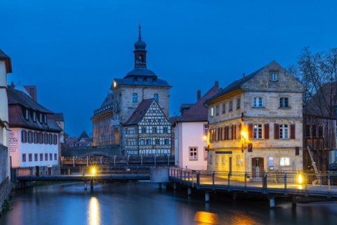 Untere Mühlbrücke, Versicherungskammer Bayern, Old Town Hall, Regnitz, Blue Hour, Bamberg, Lower