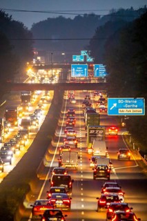 Motorway A40, Ruhrschnellweg, near Bochum, heavy evening traffic, in front of the motorway junction