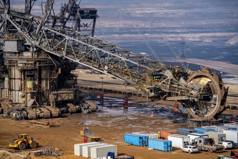 Garzweiler opencast lignite mine, bucket wheel excavator undergoing maintenance and repair, near