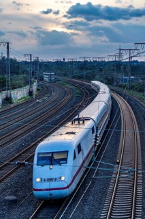 ICE train on the tracks, railway layout, railway line west of the main station of Essen, North