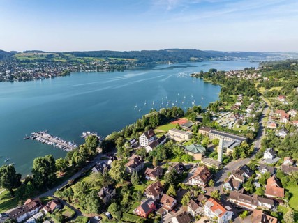 Aerial view of the municipality of Hemmenhofen on the Höri peninsula with the marina, jetty,