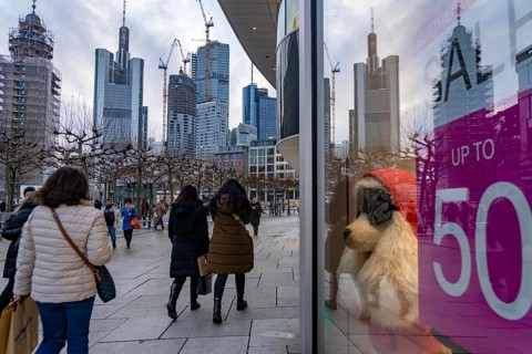 Zeil shopping street, pedestrian zone, winter weather, city centre skyline, sale, banking district,