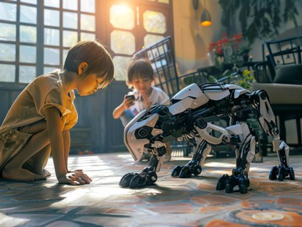 Two children are playing with a robot dog. AI technology affects the life and shapes the future, AI