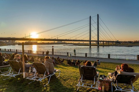 Rhine promenade, city beach, Rhine meadows, banks of the Rhine in the historic city centre of