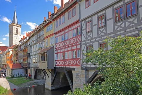 Famous Krämerbrücke and Gothic Ägidienkirche with river Gera, idyll, half-timbered houses, bridge