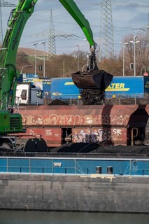 WHE Westthafen Wanne, coal for power stations is transferred from a Belgian cargo ship, coming from