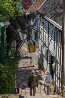 The old town centre of Essen-Kettwig, Ruhrstrasse, church steps, night watchman, Essen North