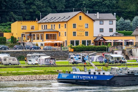 Cargo ship, tanker, on the Rhine in the Upper Middle Rhine Valley, near the Loreley Rock, campsite