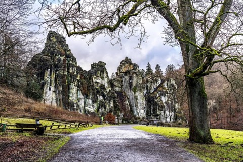 The Externsteine, a sandstone rock formation, in the Teutoburg Forest, near Horn-Bad Meinberg,
