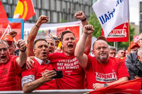 Demonstration by many thousands of steelworkers in front of the ThyssenKrupp headquarters in Essen