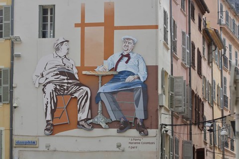 Mural by Marianne Colombani with homage to Jules Muraire alias Raimu Paul Dullac, escartefigue,