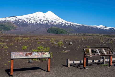 Volcano Llaima, viewpoint with information board, Conguillio National Park, Chile, South America