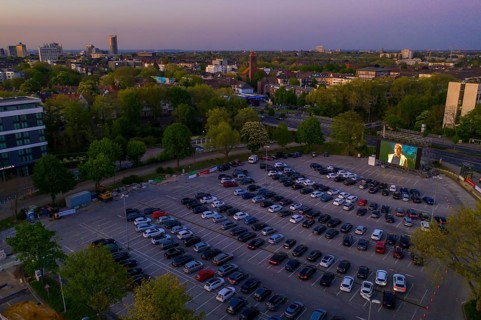Temporary drive-in cinema, in the car park in front of Messe Essen, Grugahalle, large LED screen,