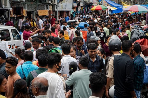 Crowd of people to shop at a street market ahead of Durga Puja festival on October 7, 2024 in