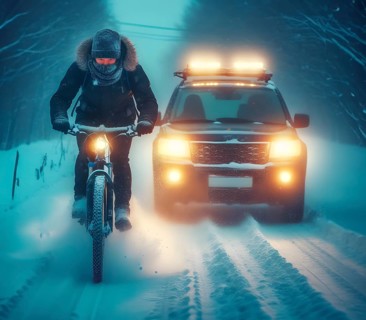 A cyclist rides in front of a car with headlights switched on in the dark in snow, generated with