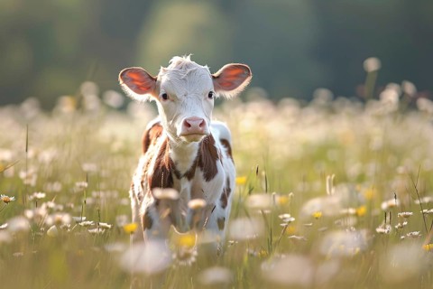 Cute young brown and white calf on sunny meadow with flowers, AI generated