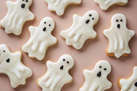 Top view of ghost shaped white Halloween cookies on pink background. Generative Ai, AI generated
