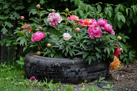 Upcycling idea with old car tire used as creative flower pot for peony flowers. Generative Ai, AI