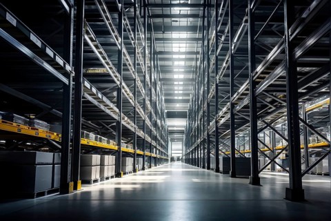 Modern automatized high rack warehouse interior with pallets and boxes, AI generated