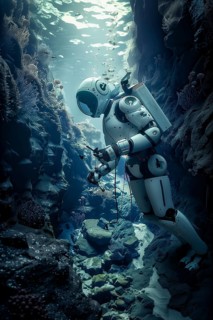 Robot studying and collecting samples in a deep sea canyon with hydrothermal vents, AI generated