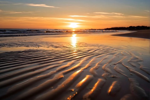 Sunset mood on a whispering tranquil costal landscape with sandy beach, AI generated