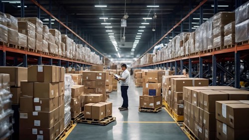Distribution warehouse with cardboard boxes neatly stacked on pallets, AI generated