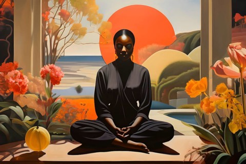Illustration of a tranquil meditation session scenery in an idyllic garden, AI generated