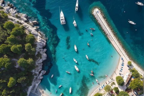 Aerial view of an idyllic harbor landscape with sailboats and yachts, AI generated