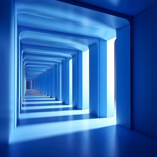 Windows aligned within an elongated tunnel permeated with gradients of blue hues, AI generated