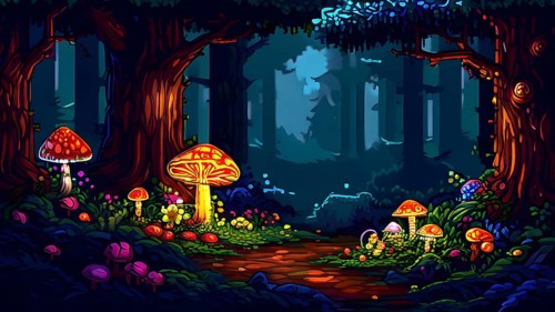 Enchanted magical forest in pixel art style with glowing mushrooms, AI generated