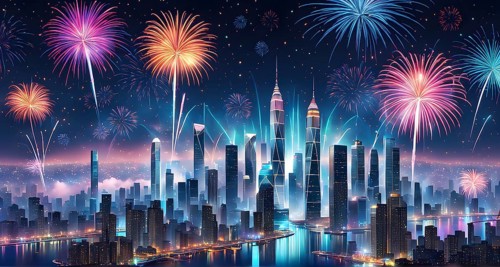 Wallpaper illustration of a cityscape on New Year's Eve, with glowing skyscrapers and floating