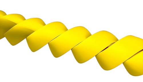 Three dimensional render of yellow spiral ribbon against white background, AI generated