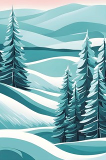 Abstract winter wonderland with minimalist stylized pine trees and snowdrifts using soft pastel