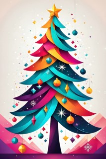 Abstract Christmas tree illustration with vibrant colors and geometric shapes, AI generated