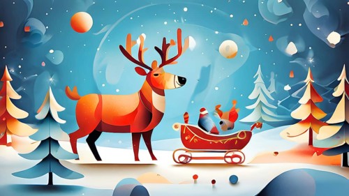 Whimsical abstract scene with stylized reindeer and sleighs to capture the magic of Christmas, AI