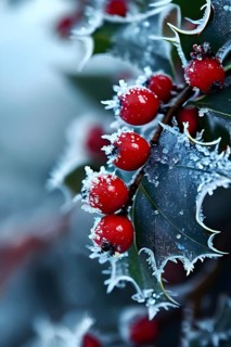 Frosty holly branch with vibrant red berries covered in delicate ice crystals, symbol for upcoming