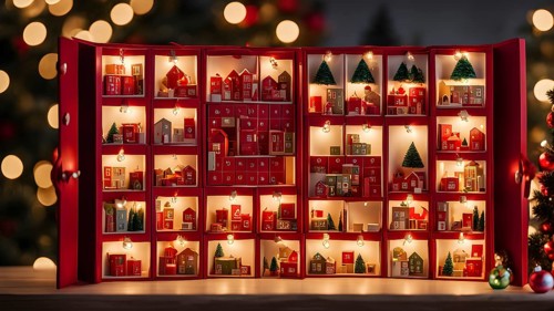 Traditional advent calendar door opening, showing a tiny festive scene inside with miniature