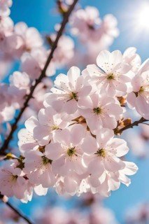 Blooming cherry blossoms with soft pink petals against a clear blue sky, with delicate sunlight