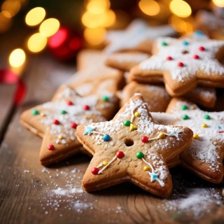 A detailed shot of Christmas cookies on a wooden table, featuring star-shaped cookies with colorful