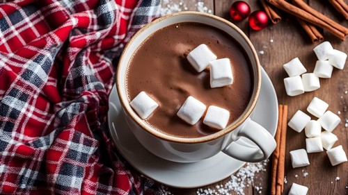 A close-up of a steaming cup of hot cocoa topped with marshmallows, surrounded by cinnamon sticks,