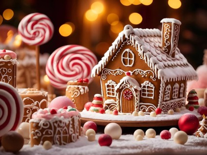 Gingerbread house decorations, focusing on the intricate icing details, colorful candy, and soft,