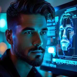 3d digital facial recognition displaying a male face with overlaid ai biometric data, AI generated