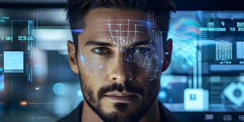 3d digital facial recognition displaying a male face with overlaid ai biometric data, AI generated