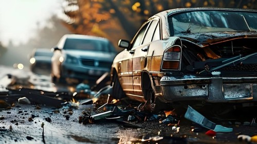 Close-up of damaged car wrecks after a road accident, AI generated