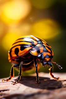 Close up of a colorado potato beetle illuminated by soft diffused light, AI generated