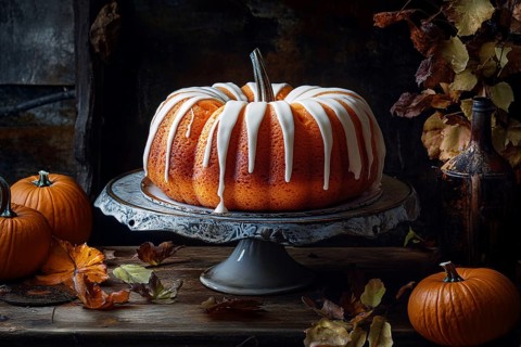 Pumpkin shaped bunt cake with autumn leaves and pumpkins. Generative AI, AI generated