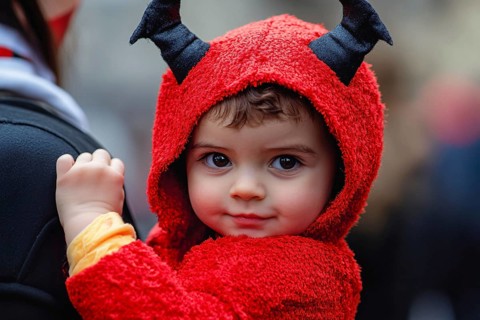Smiling boy child with red Halloween devil costume hoodie with horns. Generative Ai, AI generated