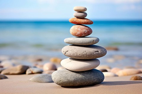 Zen stacking stones at beach. KI generiert, generiert AI generated