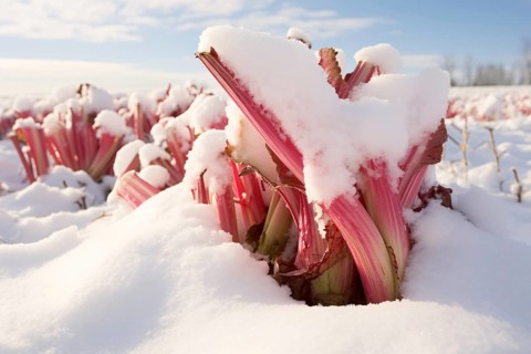 Rhubarb covered in snow growing in field. KI generiert, generiert AI generated